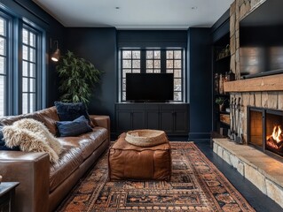 A family room with dark blue walls, a brown leather sofa, a natural stone fireplace, and a TV stand with personal accessories