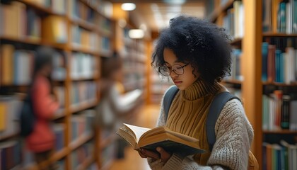 Engaged students immersed in reading within a library surrounded by softly blurred shelves of books, exploring the world of knowledge through Generative AI