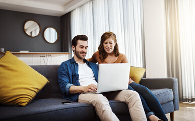 Poster - Home, smile and couple with laptop on sofa for online travel booking, information and planning. Man, woman and relax with technology in living room for trip plan, web registration and reading reviews