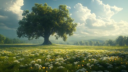 Sticker - A lone oak tree stands tall in a field of wildflowers, bathed in the golden light of the setting sun. The sky is filled with fluffy clouds, creating a peaceful and serene atmosphere.