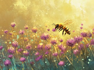 Wall Mural - A vibrant scene of a bee hovering over colorful flowers in a sunlit landscape, capturing the beauty of nature and pollination.