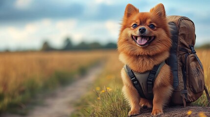 a small, fluffy, orange dog wearing a harness and a backpack smiles in a field with a path leading t