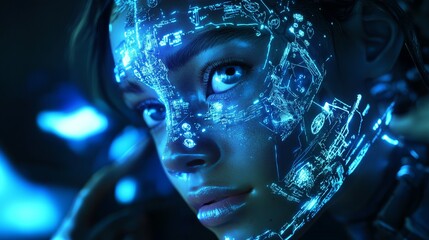 Futuristic portrait of a woman with digital circuitry on her face.