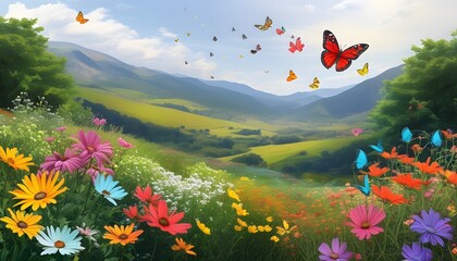 Wall Mural - Vibrant flower garden valley adorned with fluttering colorful butterflies