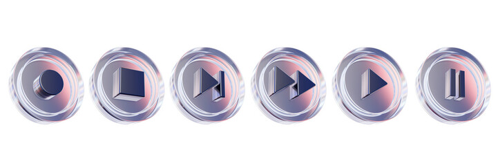Wall Mural - Video player button set, 3D glasses music play web sign, transparent circle rec, stop pause icon. UI design element, glossy navigation multimedia audio pictogram collection. Radio player button render