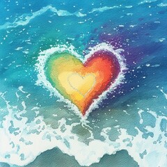 Wall Mural - Watercolor Heart Shape in Ocean Waves.