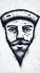 Wall Mural - A black and white illustration of a man's face shaped like a pizza slice.