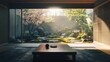 © Napasnan - A minimalist Japanese interior with a low table, tatami mats, and a window opening to a garden of rocks and moss.
