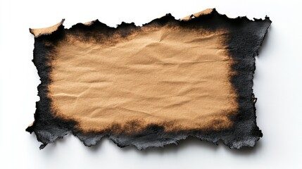 Small piece of burnt paper with charred black edges, isolated on a white background, smoke marks visible.