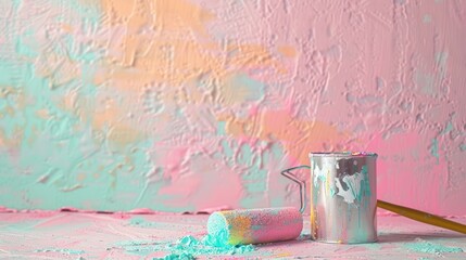 Wall Mural - Paint Can and Roller on a Colorful Background