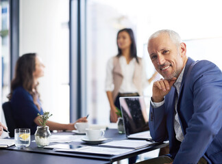 Aufkleber - Businessman, boardroom and happy on portrait in meeting for planning and brainstorming in Germany. Mature person, employee and boss at office with pride or confidence for company growth with teamwork