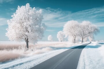 Poster - Infrared photography of an empty road in winter, with white trees covered in hoarfrost on the sides, a beautiful blue sky