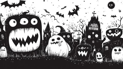 Adorable black-and-white monsters in a Halloween illustration, providing space for personalized text and creative design