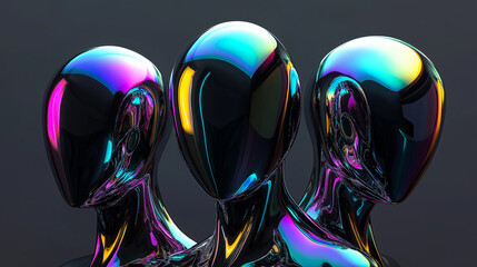 Poster - Three identical chrome humanoids with iridescent heads posing together