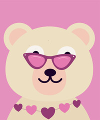 Wall Mural - Flat Design Illustration with White Bear Wear Sunglasses and Love Decoration