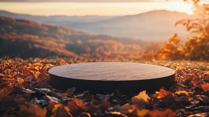 Poster - A circular platform sits amidst colorful autumn leaves, illuminated by the warm glow of the setting sun. The rolling hills in the background create a tranquil and picturesque scene.