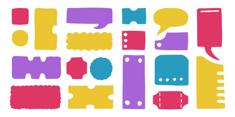 Poster - Set of colorful text boxes, bubbles and hand drawn tickets. Doodle design elements. Vector illustration.