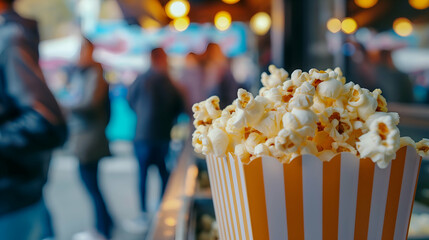 A close-up of a striped popcorn container filled with fluffy popcorn, set against a blurred background of people at a fair or festival. The warm lights create a festive atmosphere.