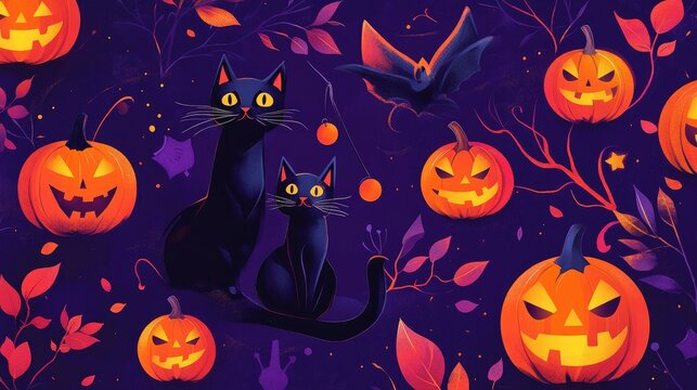 Vibrant Halloween banner featuring jack-o'-lanterns, black cats, and spooky decorations on a dark purple background
