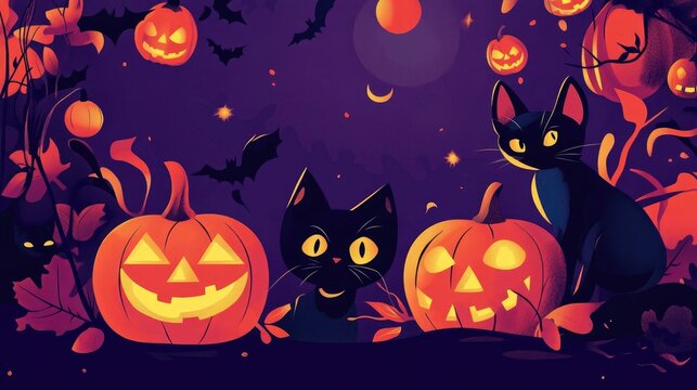 Vibrant Halloween banner featuring jack-o'-lanterns, black cats, and spooky decorations on a dark purple background