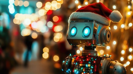 An artificial intelligence robot decorated with Christmas lights and festive elements, combining technology with holiday cheer