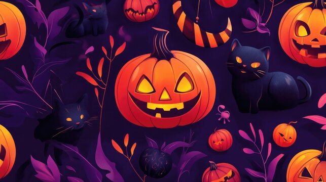 Vibrant Halloween banner featuring jack-o'-lanterns, black cats, and spooky decorations on a dark purple background