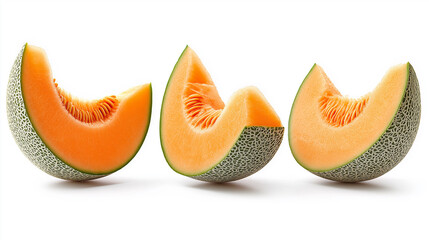 Poster - Three slices of freshly cut cantaloupe on a white background