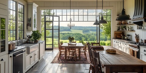 Canvas Print - kitchen of tennessee luxury white and dark cherry wood farmhouse with views of the rolling hills