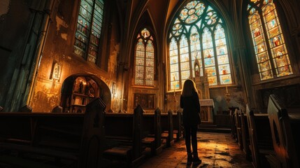 A woman stands quietly in a church with stained glass windows