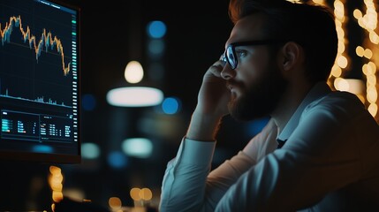 Poster - A focused individual analyzes market trends during a late-night work session in a vibrant office environment