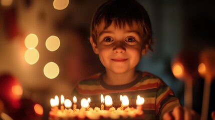 A boy sits in front of a birthday cake with lit candles