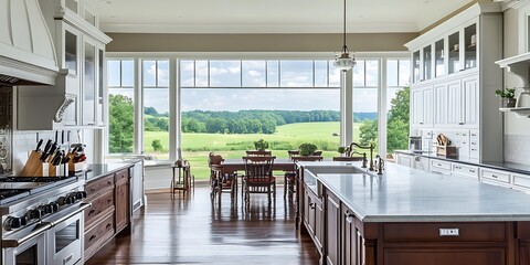 Canvas Print - kitchen of tennessee luxury white and dark cherry wood farmhouse with views of the rolling hills