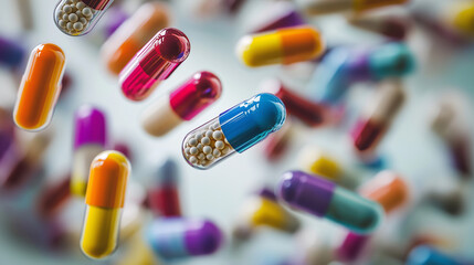 Poster - Colorful pills falling through the air in front of a blue background