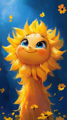 Poster - Smiling sun character with yellow petals against a blue sky.