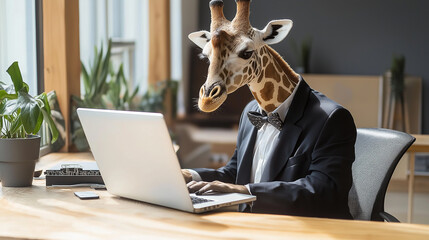 Aufkleber - Businessman with giraffe head working on laptop at desk