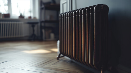 Aufkleber - Sunlight is illuminating a vintage cast iron radiator warming an empty room
