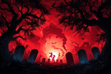 A cemetery bathed in red and black tones, with tombstones and shadowy spirits rising from the earth, in a haunted fantasy artwork illustration