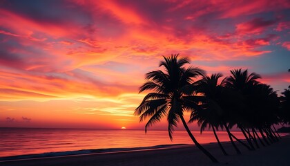 A tropical beach scene with the sky ablaze in rich oranges, pinks, and purples as the sun sets over the horizon.