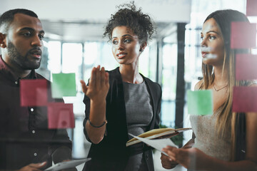 Poster - Sticky notes, man and women in team, glass and collaboration of people and discussion for paperwork. Notebook, talking and financial advisor in group, document and planning for investment opportunity