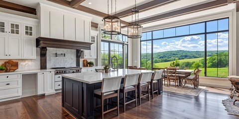 Canvas Print - kitchen of tennessee luxury white and dark cherry wood farmhouse with views of the rolling hills