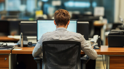 Poster - Businessman working on computer in busy open plan office