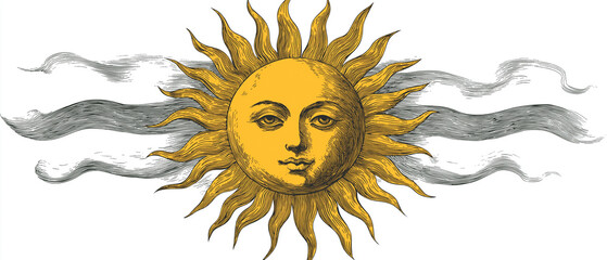 esoteric smiling sun vintage illustration, ai