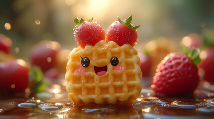 Sticker - A waffle with a happy face wearing strawberries on its head.