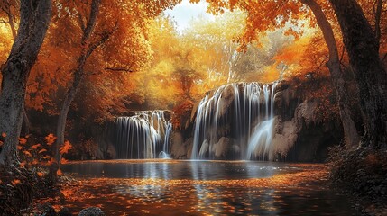 Wall Mural - Tranquil waterfall cascading through vibrant autumn forest, surrounded by trees with foliage in shades of orange and yellow.