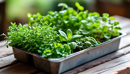 Vibrant Trays of Freshly Grown Herbs for a Home Microfarm Embracing Healthy Eating Principles