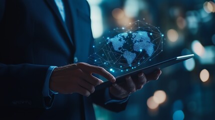 Poster - Business professional interacting with a digital world map on a tablet in a modern urban office setting at night