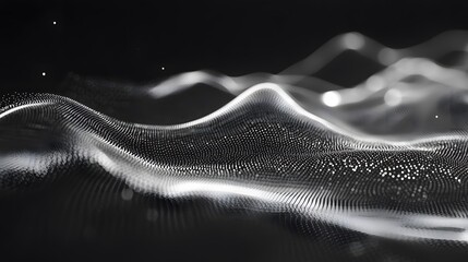 Abstract White Wavy Surface With Dots and Glowing Lights Against Black Background