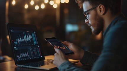 Poster - Man analyzing financial data on a laptop and smartphone in a cafe during an evening meeting