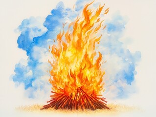 Wall Mural - Watercolor illustration of a fire burning in the sky.