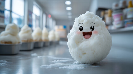 Smiling ice cream scoop in a kitchen.